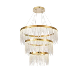 Bano Round 3 Tier Dimmable Pendant 90W LED, 4000K, 11300lm, French Gold / Crystal Chain, 3yrs Warranty - thumbnail 1