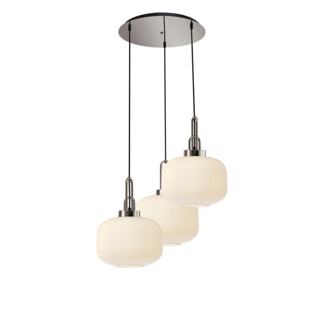 Yorktown 65cm 2m Round Pendant, 3 x E27, Polished Nickel/Matt Black With 30cm Pumpkin Shaped Ribbed Opal Glass - image 1