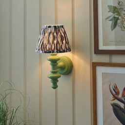 Carnaby Satin Cotswold Green Paint Wall Light with Pearl Grey Fabric Ikat Shade 20cm B22 - thumbnail 2