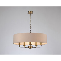Banyan 5 Light Multi Arm Pendant, E14 Antique Brass With 60cm x 15cm Dual Faux Silk Shade, Nude Beige/Moonlight - thumbnail 2