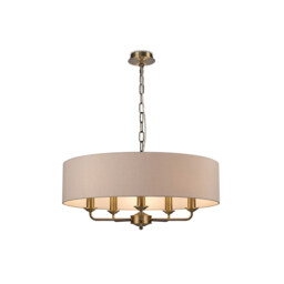 Banyan 5 Light Multi Arm Pendant, E14 Antique Brass With 60cm x 15cm Dual Faux Silk Shade, Nude Beige/Moonlight - thumbnail 1
