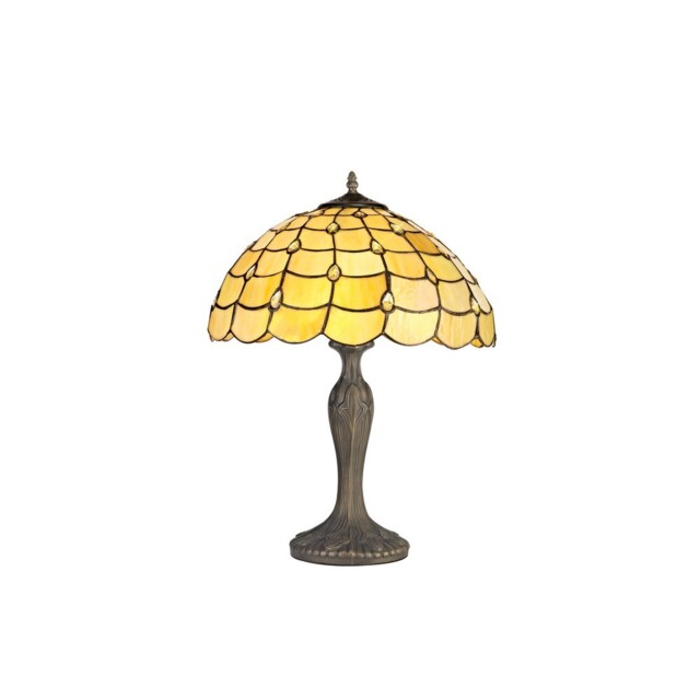 Lincoln 2 Light Curved Table Lamp E27 With 40cm Tiffany Shade, Beige, Clear Crystal, Aged Antique Brass - image 1