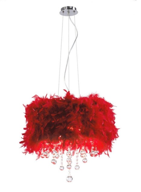 Ibis Ceiling Pendant with Red Feather Shade 3 Light Polished Chrome, Crystal - image 1