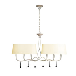 Paola Linear Pendant 2 Arm 6 Light E14, Silver Painted With Cream Shades & Black Glass Droplets