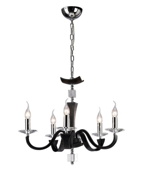 Nardini Ceiling Pendant Chandelier 5 Light Polished Chrome, Black Faux Leather, Crystal - image 1