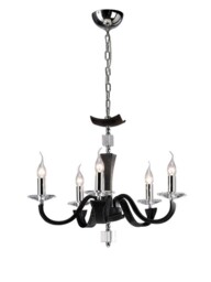 Nardini Ceiling Pendant Chandelier 5 Light Polished Chrome, Black Faux Leather, Crystal