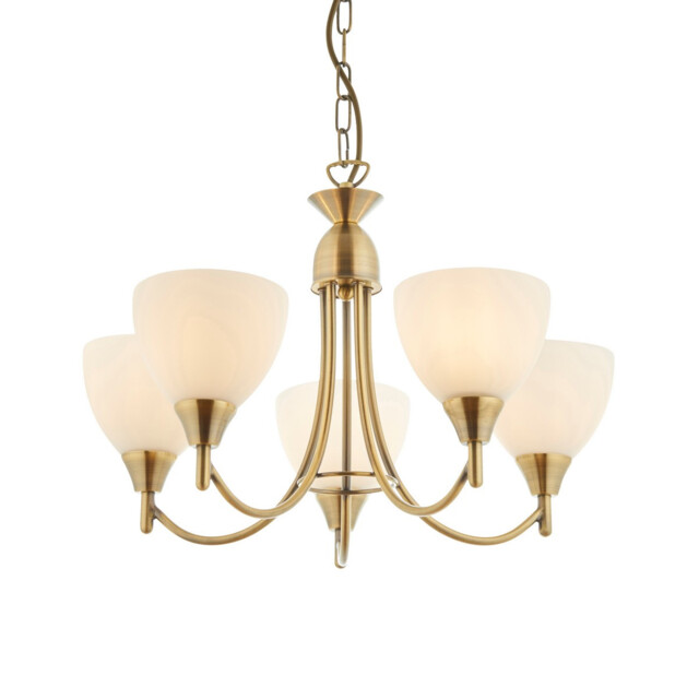 Alton 5 Light Multi Arm Ceiling Pendant Antique Brass, Opal Glass, E14 - image 1