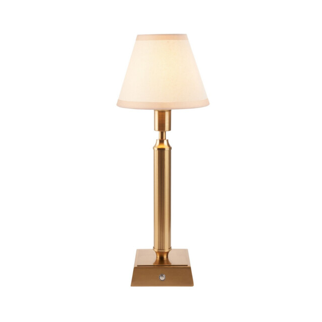 Trobridge Rechargeable Brushed Aged Brass Plate Table Lamp with Vintage White Fabric Ivy Shade 16cm Integrated LED - image 1