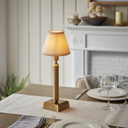 Trobridge Rechargeable Brushed Aged Brass Plate Table Lamp with Vintage White Fabric Ivy Shade 16cm Integrated LED - thumbnail 2