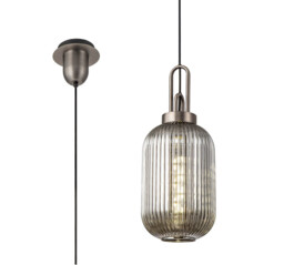 Yorktown 1 Light Pendant E27 20cm Tubular Ribbed Glass, Smoked Antique Silver, Black