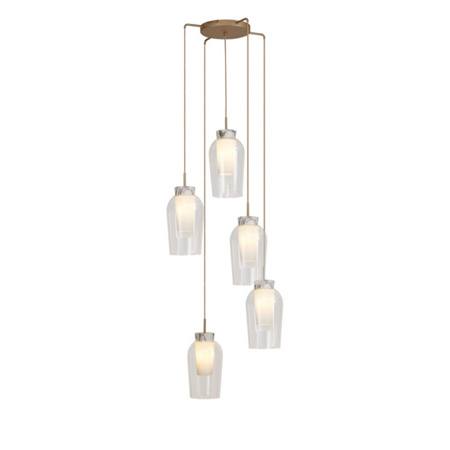 Nora Round Pendant, 5 Light Adjustable E27, Gold/White/Clear Glass With Frosted Inner - image 1