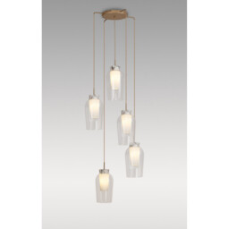 Nora Round Pendant, 5 Light Adjustable E27, Gold/White/Clear Glass With Frosted Inner - thumbnail 2