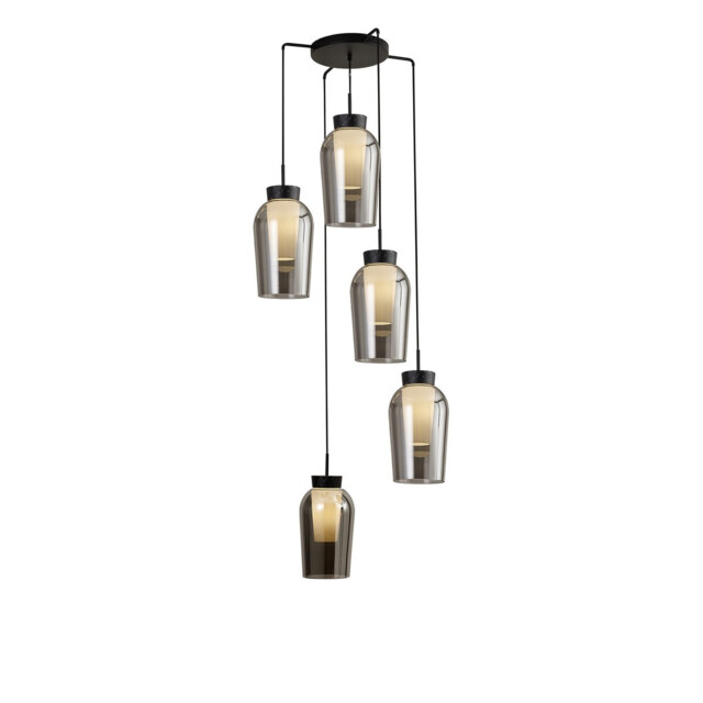 Nora Round Pendant, 5 Light Adjustable E27, Black/Black Marble/Chrome Glass With Frosted Inner - image 1