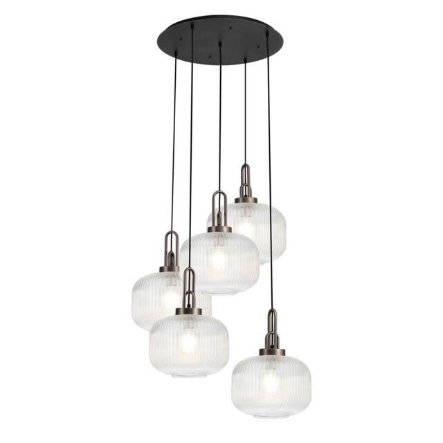 Yorktown 75cm 2.5m Round Pendant, 5 x E27, Antique Silver/Matt Black With 30cm Pumpkin Shaped Ribbed Clear Glass - image 1