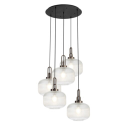 Yorktown 75cm 2.5m Round Pendant, 5 x E27, Antique Silver/Matt Black With 30cm Pumpkin Shaped Ribbed Clear Glass - thumbnail 1