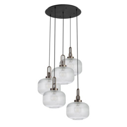 Yorktown 75cm 2.5m Round Pendant, 5 x E27, Antique Silver/Matt Black With 30cm Pumpkin Shaped Ribbed Clear Glass - thumbnail 5