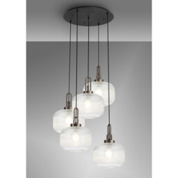 Yorktown 75cm 2.5m Round Pendant, 5 x E27, Antique Silver/Matt Black With 30cm Pumpkin Shaped Ribbed Clear Glass - thumbnail 3