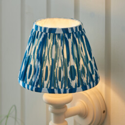 Carnaby Satin Almond White Paint Wall Light with Marlin Blue Fabric Ikat Shade 20cm B22 - thumbnail 5