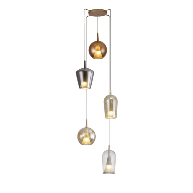 Elsa Pendant With Mixed Shades, 5 Light E27, Clear/Chrome/Bronze/Copper Glass With Frosted Inner Cone, Gold Frame - image 1