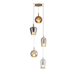 Elsa Pendant With Mixed Shades, 5 Light E27, Clear/Chrome/Bronze/Copper Glass With Frosted Inner Cone, Gold Frame