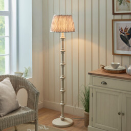 Carnaby Satin Almond White Paint Floor Lamp with Neutral Print Fabric Ikat Shade 35cm B22 - thumbnail 2