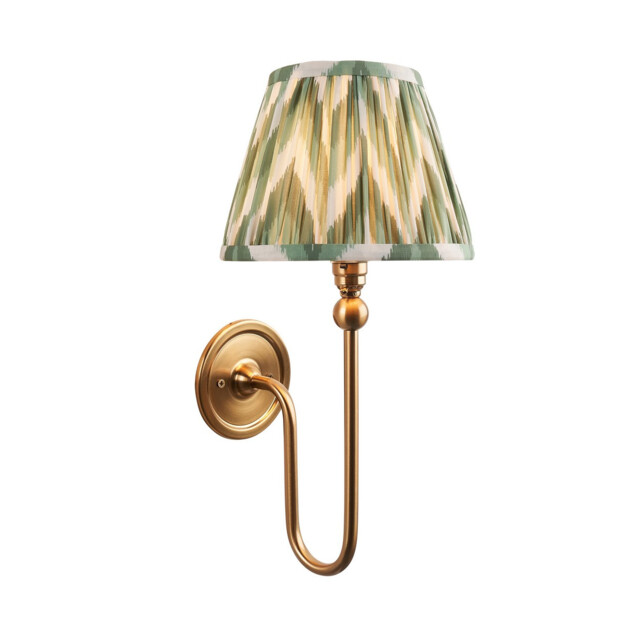 Santiago Brushed Aged Brass Plate Wall Light with Cotswold Green Fabric Zigzag Shade 20cm B22 - image 1