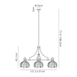 Dekalb 3 Light Telescopic Ceiling Pendant E27 With 30cm Tiffany Shade, Antique Brass, Blue, Orange, Crystal - thumbnail 2