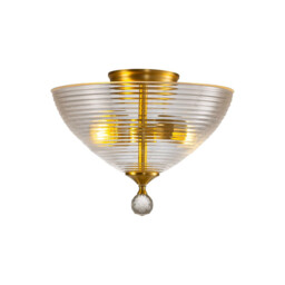 Dresden 2 Light Semi Flush Ceiling Lamp E27 With Round 33.5cm Prismatic Effect Glass Shade Satin Gold, Clear - thumbnail 1