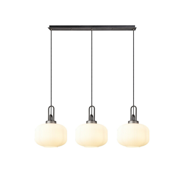 Yorktown Linear 3 Light Pendant E27, Aged Pewter/Matt Black With 30cm Pumpkin Shaped Ribbed Opal Glass - image 1