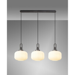 Yorktown Linear 3 Light Pendant E27, Aged Pewter/Matt Black With 30cm Pumpkin Shaped Ribbed Opal Glass - thumbnail 3