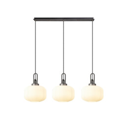 Yorktown Linear 3 Light Pendant E27, Aged Pewter/Matt Black With 30cm Pumpkin Shaped Ribbed Opal Glass - thumbnail 1