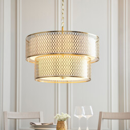 Cordero Cylindrical Pendant Ceiling Light Gold Effect Plate, White Fabric & Frosted Glass 6x E27 - thumbnail 2