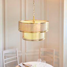 Cordero Cylindrical Pendant Ceiling Light Gold Effect Plate, White Fabric & Frosted Glass 6x E27 - thumbnail 3