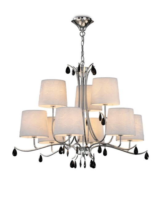 Andrea Ceiling Pendant 88cm Round, Polished Chrome, White Shades, Black Crystal Droplets - image 1