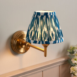 Step Fold Brushed Aged Brass Plate Wall Light with Marlin Blue Fabric Ikat Shade 16cm B22 - thumbnail 2