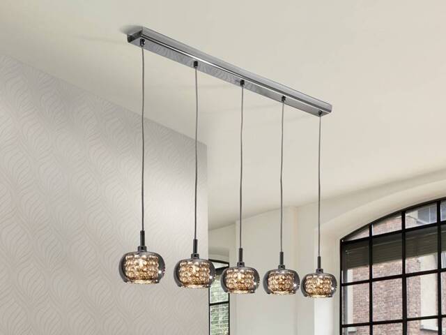 Ari 5 Light Dimmable Crystal Hanging Ceiling Pendant with Remote Control Chrome, Mirror, G9 - image 1