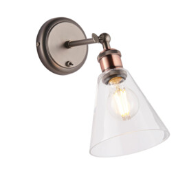 Hal Metal Wall Lamp Aged Pewter, Aged Copper Plate, Glass Shade - thumbnail 1