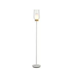 Nora Floor Lamp, 1 Light E27, White/Wood/Clear Glass With Frosted Inner - thumbnail 1