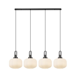 Yorktown Linear Pendant, 4 x E27, Black Chrome/Matt Black With 30cm Pumpkin Shaped Ribbed Opal Glass - thumbnail 1
