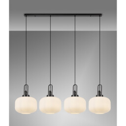 Yorktown Linear Pendant, 4 x E27, Black Chrome/Matt Black With 30cm Pumpkin Shaped Ribbed Opal Glass - thumbnail 3
