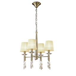 Tiffany Pendant 4+4 Light E14+G9, Antique Brass With Cream Shades & Clear Crystal - thumbnail 1