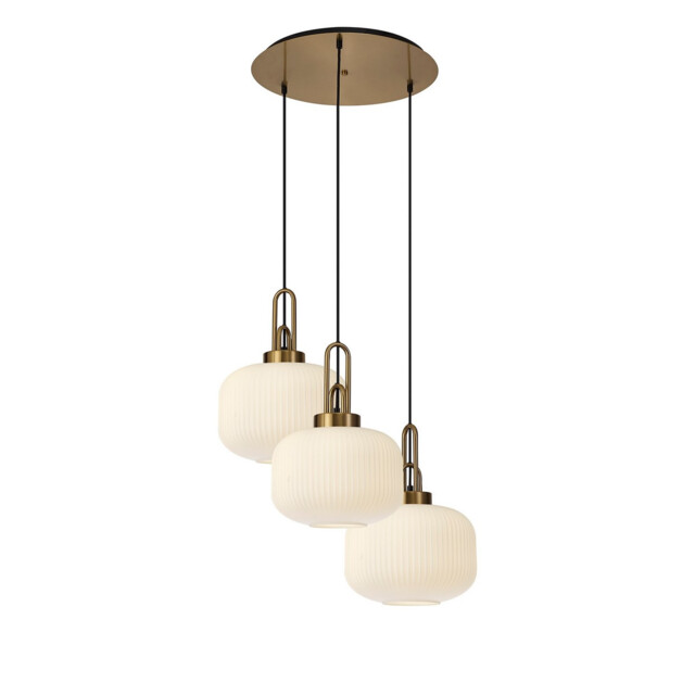 Yorktown 65cm 2m Round Pendant, 3 x E27, Brass Gold/Matt Black With 30cm Pumpkin Shaped Ribbed Opal Glass - image 1