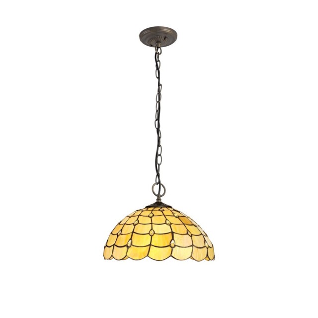 Lincoln 3 Light Downlighter Ceiling Pendant E27 With 40cm Tiffany Shade, Beige, Clear Crystal, Aged Antique Brass - image 1