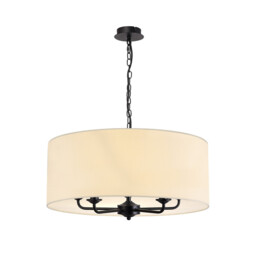 Banyan 5 Light Multi Arm Pendant With 60cm x 22cm Faux Silk Fabric Shade Matt Black/Ivory Pearl