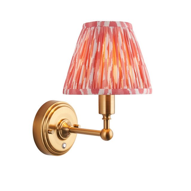 Burley Rechargeable Brushed Aged Brass Plate Wall Light with Coral Pink Fabric Ikat Shade 16cm Integrated LED - image 1