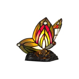 Huron Tiffany Butterfly Table Lamp, 1 x E14, Black Base With Green, Red Glass With Clear Crystal