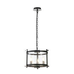 Nolan Single 36cm Pendant 3 Light E14 Black With Polished Chrome Detail And Clear Glass
