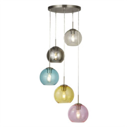 Mardi Gras 5 Light Cluster Pendant Satin Silver, Blue, Smoked, Yellow, Pink, E27