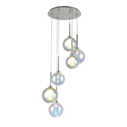 Baldwin 44cm Round Pendant 2.5m, 6 x G9, Polished Chrome/Iridescent/Frosted Type G Shade - thumbnail 1