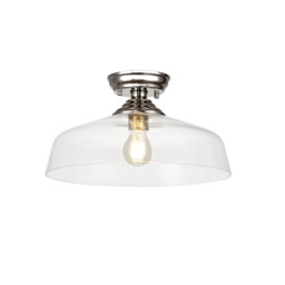 Dresden Flush Ceiling Lamp E27 With Flat Round 38cm Glass Shade Polished Nickel, Clear - thumbnail 1